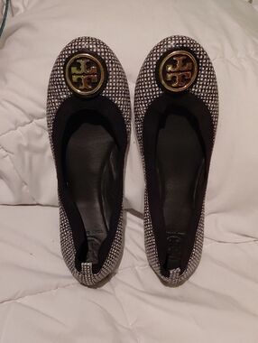 Tory Burch Black & White Woven Logo Ballet Flats